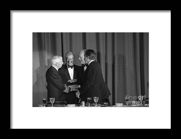 Following Framed Print featuring the photograph Former Presidents With Admiral Rickover by Bettmann