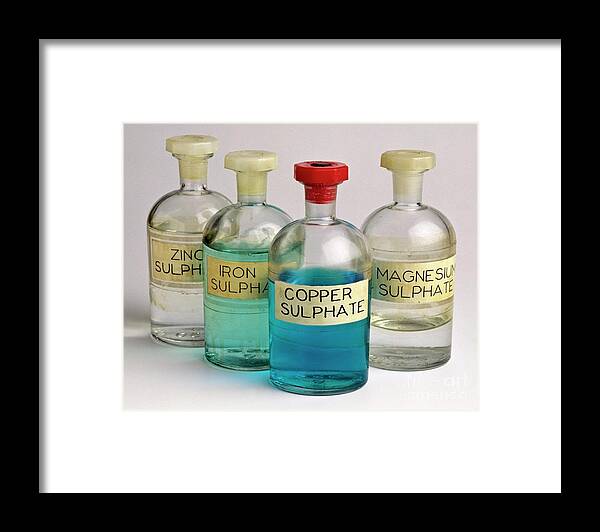 Bottle Of Framed Print featuring the photograph Four Bottles Of Sulphate Solutions by Martyn F. Chillmaid/science Photo Library