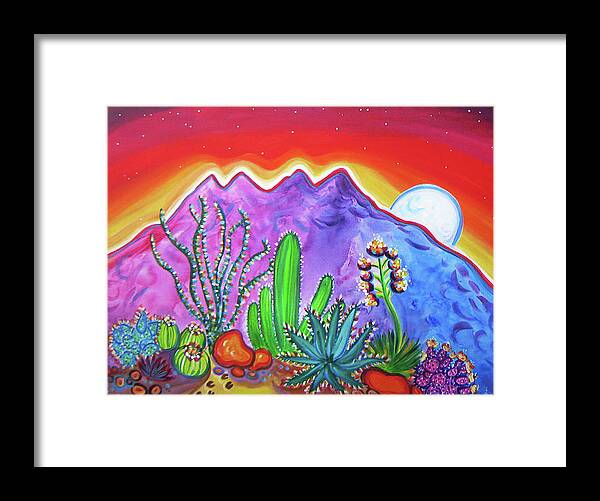 Superstition Mountains Framed Print featuring the painting Four Peaks Cactus Garden by Rachel Houseman