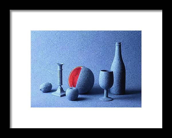 Grainy Framed Print featuring the photograph Fruit, Bottle, Cup And Candle Stick by John W Banagan