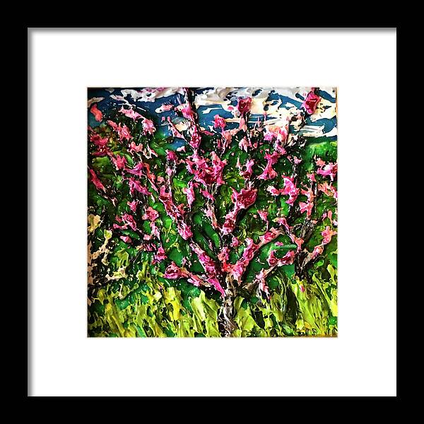  Framed Print featuring the painting Peach Trees in the Garden by Julene Franki