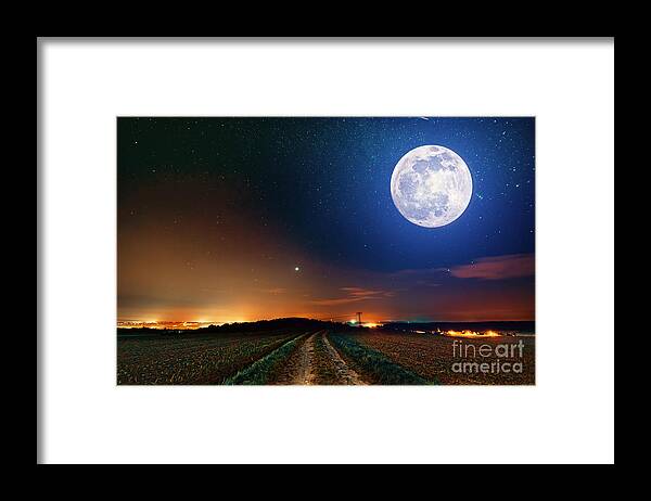 Full Framed Print featuring the photograph Full Moon Over Dirt Road by Wladimir Bulgar/science Photo Library