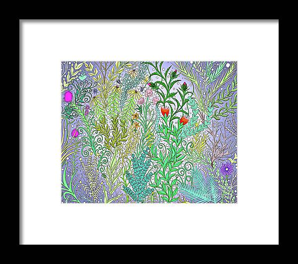 Lise Winne Framed Print featuring the digital art Garden Jungle in Purple with Fuchsia Flowers, Black Eyed Susans Spring Foliage by Lise Winne