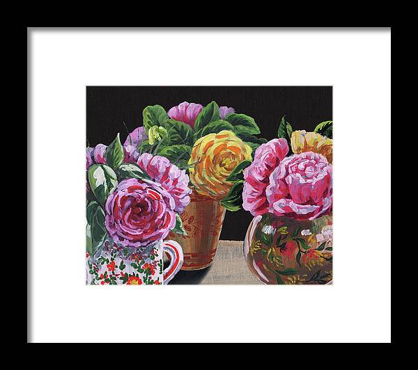 Pink Framed Print featuring the painting Garden Roses In Vases Floral Impressionism by Irina Sztukowski