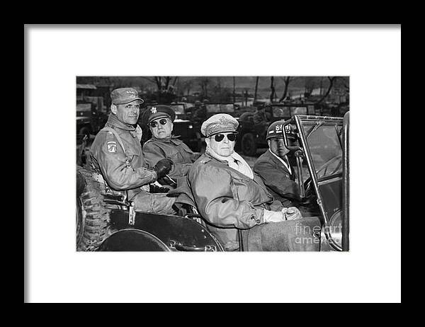 Korea Framed Print featuring the photograph Gens. Macarthur, Hickey, Others In Jeep by Bettmann