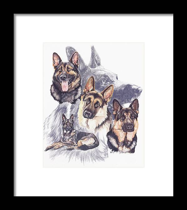 A Collage Of The German Shepard Breed And Ghost Image Framed Print featuring the painting German Shepard by Barbara Keith