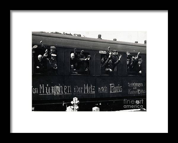 German Language Framed Print featuring the photograph German Troops Waving From Train Windows by Bettmann