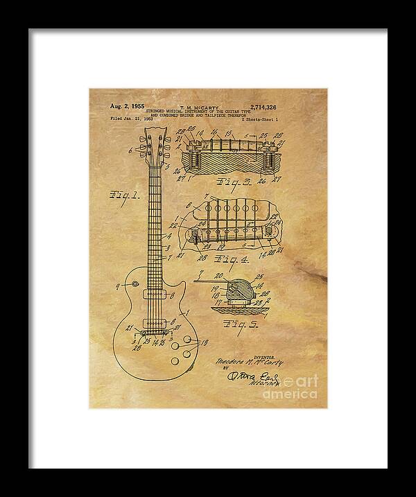 Gibson Les Paul Patent Drawing 1955 Vintage Art Print Framed Print featuring the digital art Gibson Les Paul Patent Drawing 1955 canvas print,photographic print,art print,framed print, by David Millenheft