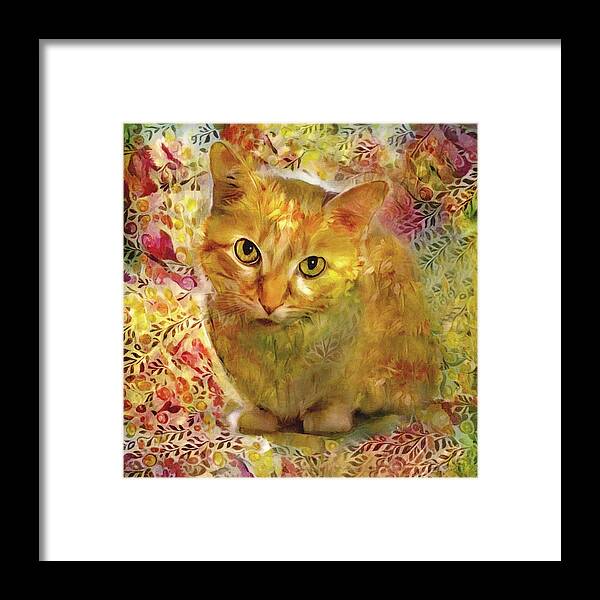Ginger Cat Framed Print featuring the digital art Ginger Cat - Gold Floral by Peggy Collins