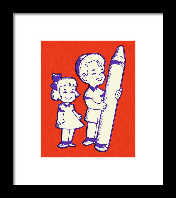 Art Framed Print featuring the drawing Girl and Boy with a Large Crayon by CSA Images