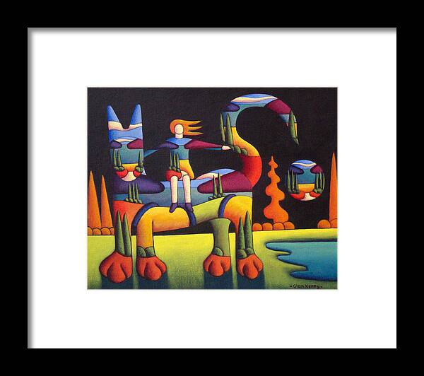 Cat Framed Print featuring the painting Girl on cat in landscape by Alan Kenny