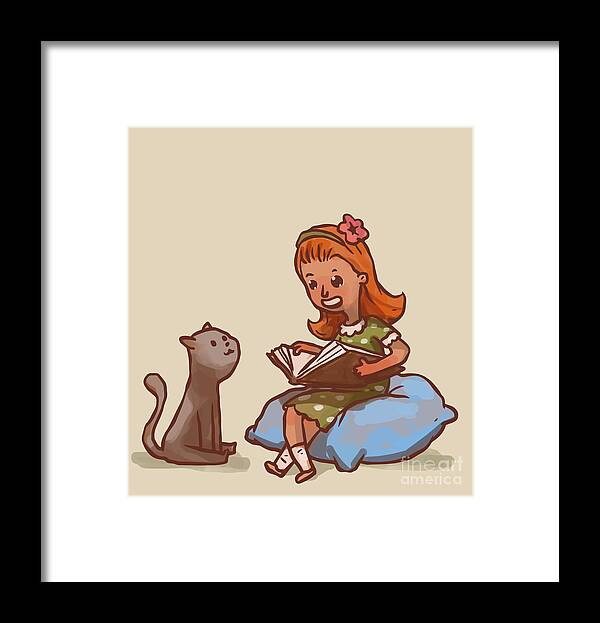 Big Framed Print featuring the digital art Girl Reads Book To Cat Vector by Ivan nikulin