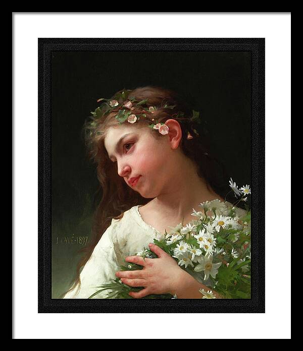 Girl With A Bouquet Of Daisies Framed Print featuring the painting Girl with a Bouquet of Daisies by Jules Cyrille Cave by Rolando Burbon