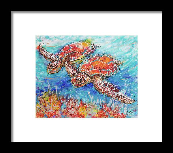 Marine Turtles Framed Print featuring the painting Gliding Sea Turtles by Jyotika Shroff
