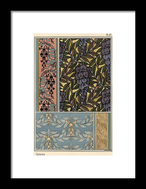 1897 Framed Print featuring the drawing Glycine in art nouveau patterns for stained glass, fabric and wallpaper. Lithograph by M.P.Verneuil. by Album