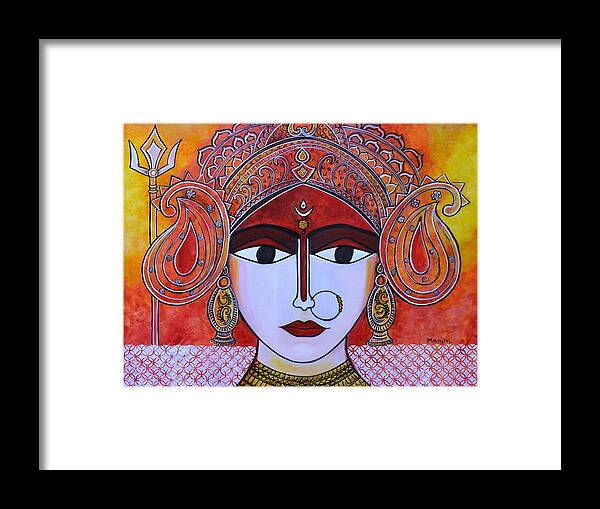 Hindgoddess Framed Print featuring the painting Goddess Durga vibrant colorful painting Hindu goddess by Manjiri Kanvinde