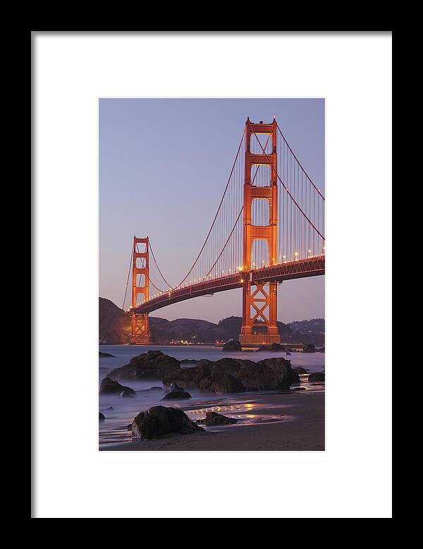 Dawn Framed Print featuring the photograph Golden Gate Bridge At Baker Beach by Stephanhoerold