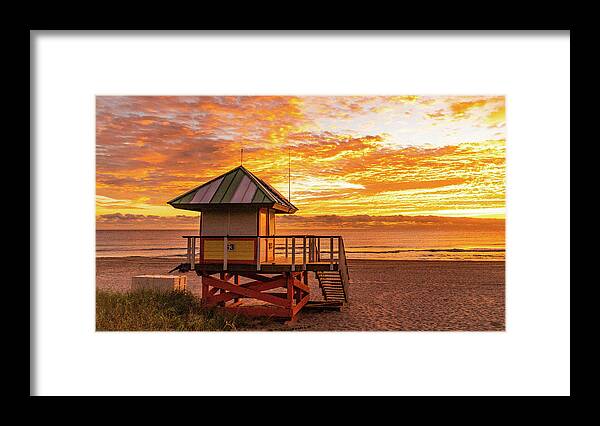 Florida Framed Print featuring the photograph Golden Lifeguard Station Sunrise Delray Beach Florida by Lawrence S Richardson Jr