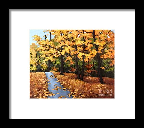 Fall Framed Print featuring the painting Golden sidewalk by Inese Poga
