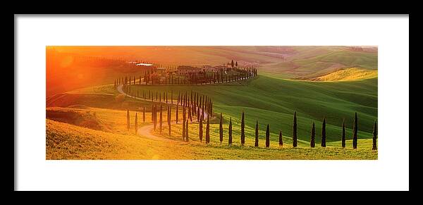 Tuscany; Villa; Green; Hills; Italy; Belvedere; Val D'orcia; Cypress; Trees; Beautiful; Countryside; Sunset; Rolling; Italia; Toscana; Rob Davies; Robert Davies; Landscape; Gold; Sun; Flare; Lens Flare; Panorama; Gladiator; Location; S Shape; Road; Classic Framed Print featuring the photograph Golden Tuscany II by Rob Davies