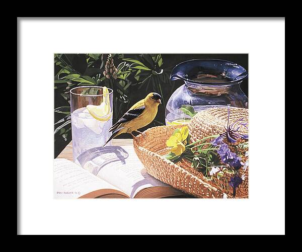 A Gold Finch Sits Perched On A Straw Hat Filled With Freschly Picked Flowers. The Hat Lays On Top Of An Open Faced Book Framed Print featuring the painting Goldfinch On Straw Hat by Ron Parker