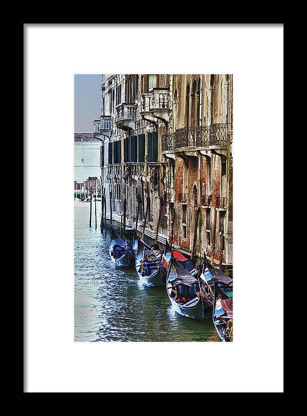 In A Row Framed Print featuring the photograph Gondolas In A Row, Venice Italy by Ary6