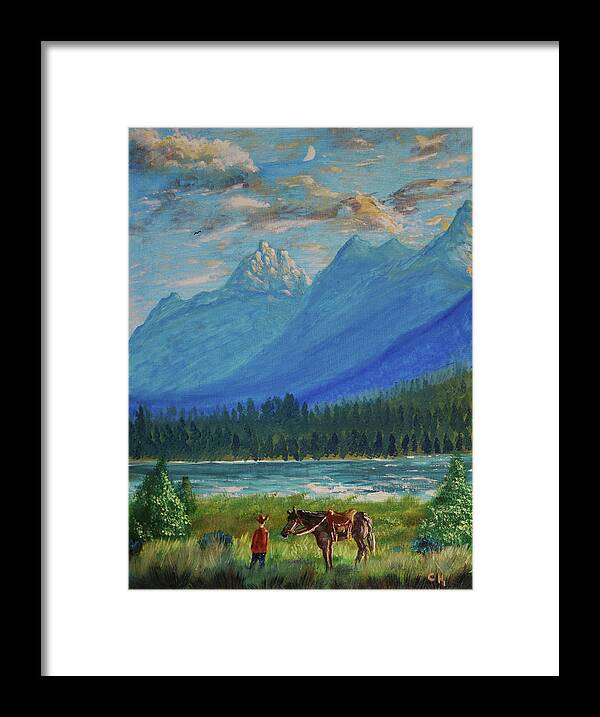 Grand Teton Framed Print featuring the painting Grand Tetons and Wyoming Cowboy by Chance Kafka