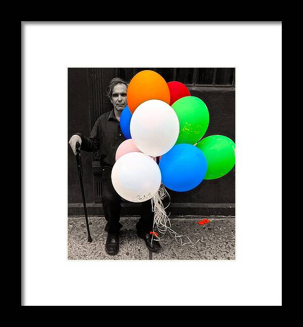 Black And White Photo Of Older Gentleman With Cane Holding Colored Balloons Framed Print featuring the photograph Grandpops Balloons by Joan Reese