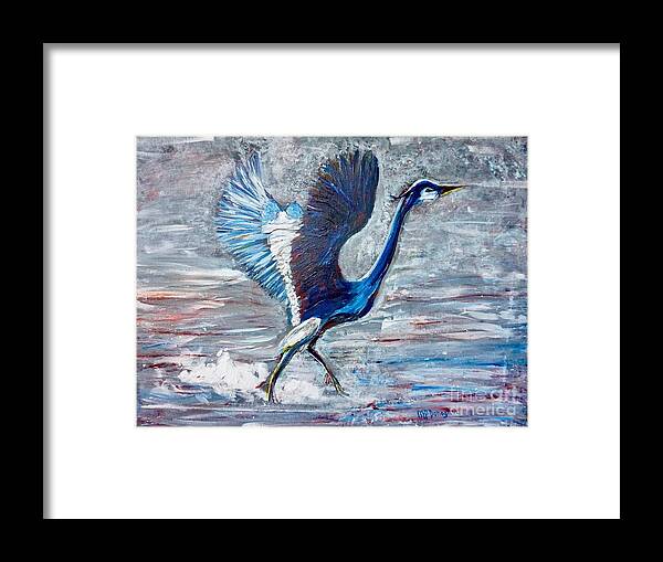 Great Blue Heron Framed Print featuring the painting Great Blue Heron -Taking Flight from Water by Patty Donoghue