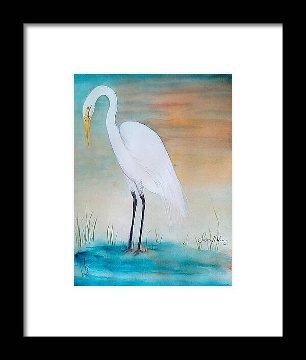 Vibrant Sunset White Egret Framed Print featuring the painting Great Egret by Susan Nielsen