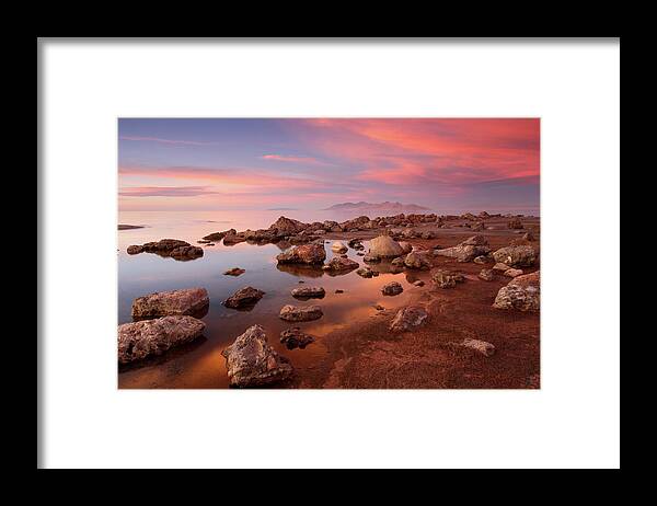 Utah Framed Print featuring the photograph Great Salt Lake Sunset Glow - Great Salt Lake, Utah by Brett Pelletier