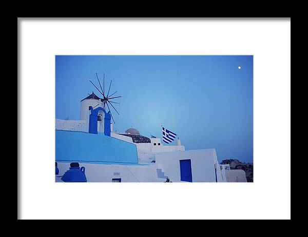 Tranquility Framed Print featuring the photograph Greece National Flag Flying In Santorini by Vickie Abby@macau - Flickr.com/vickieabby/