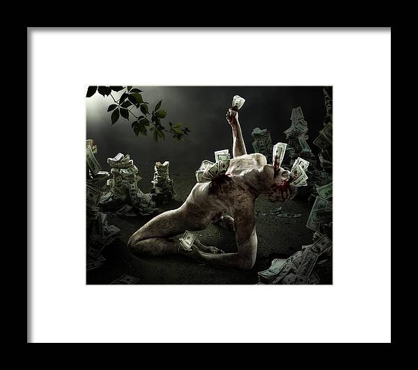 Conceptual Framed Print featuring the photograph Greed by Christophe Kiciak