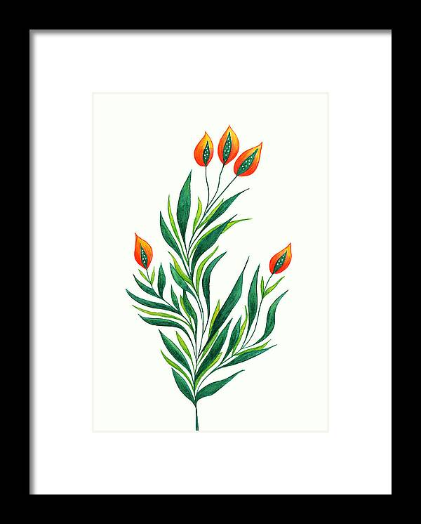 Green Framed Print featuring the drawing Green Plant With Orange Buds by Boriana Giormova