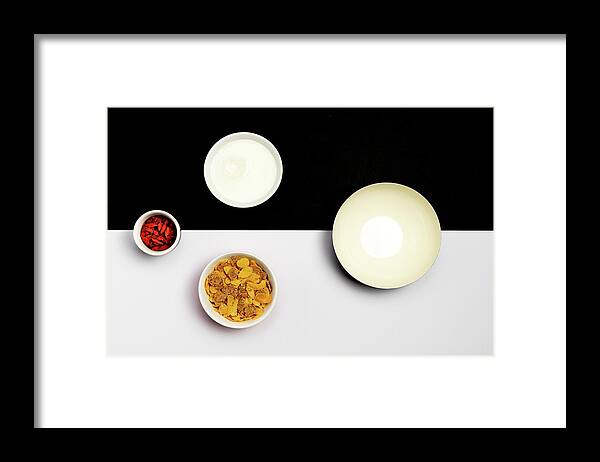 Breakfast Framed Print featuring the photograph Group ceramic bowls with healthy cereal breakfast by Michalakis Ppalis