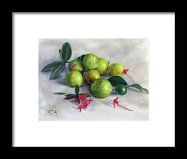Still Life Framed Print featuring the painting Guavas and Ixora by Jonathan Gladding