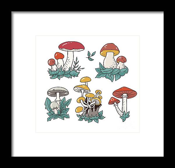 Art Framed Print featuring the digital art Hand Drawn Set With Cartoon Mushroom by Utro na more