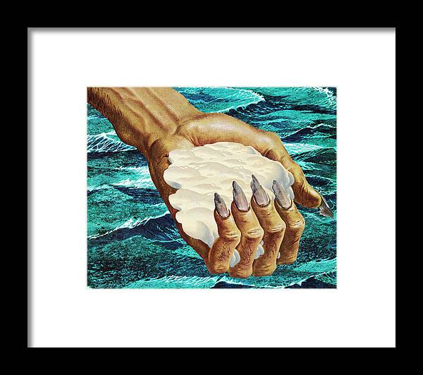 Campy Framed Print featuring the drawing Hand Holding White Foam over the Ocean by CSA Images