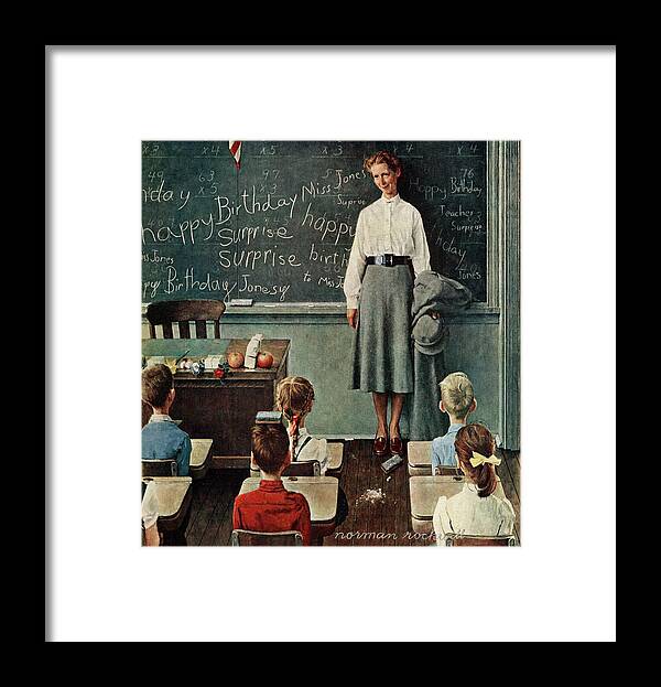 Birthdays Framed Print featuring the painting happy Birthday, Miss Jones by Norman Rockwell