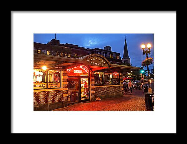 Harvard Framed Print featuring the photograph Harvard Square Cambridge MA at dusk by Toby McGuire