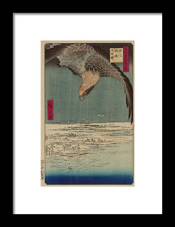 Japan Framed Print featuring the painting Hawk flying above a snowy landscape along the coastline. by Ando Hiroshige
