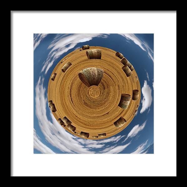 Hay Little Planet Planet Farm Bales Round Wheat Straw Circular Haybale Stubble Cloud Sky Nd North Dakota Farm Farming Ag Agriculture Cows Feed Harvest Framed Print featuring the photograph Hay Planet by Peter Herman