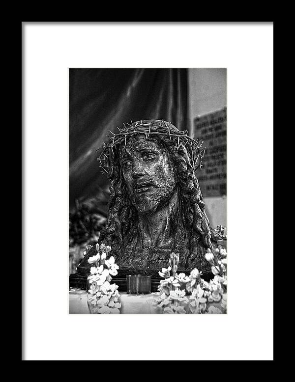 Catholic Framed Print featuring the photograph Head of Christ crowned with thorns in a Taormina Church BW by RicardMN Photography