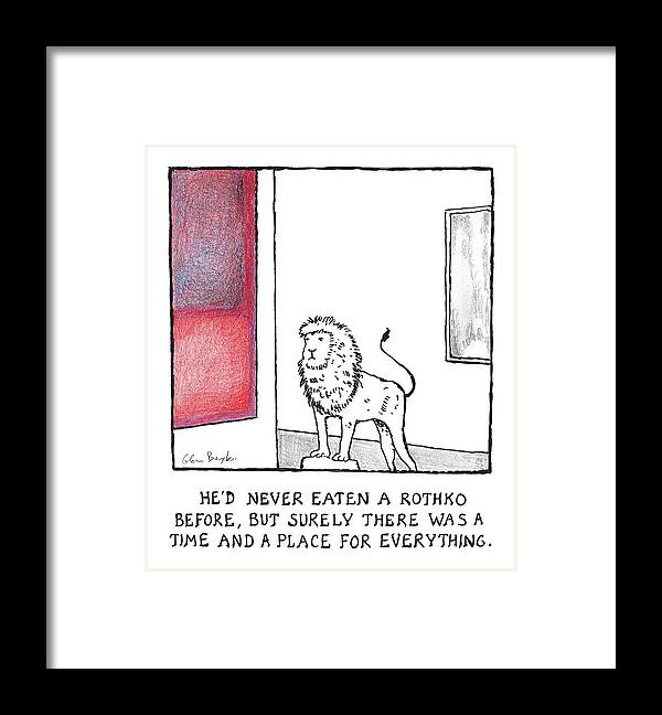 Captionless Framed Print featuring the drawing He'd Never Eaten a Rothko Before by Glen Baxter