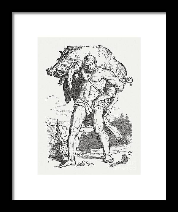 Engraving Framed Print featuring the digital art Hercules And The Erymanthian Boar by Zu 09