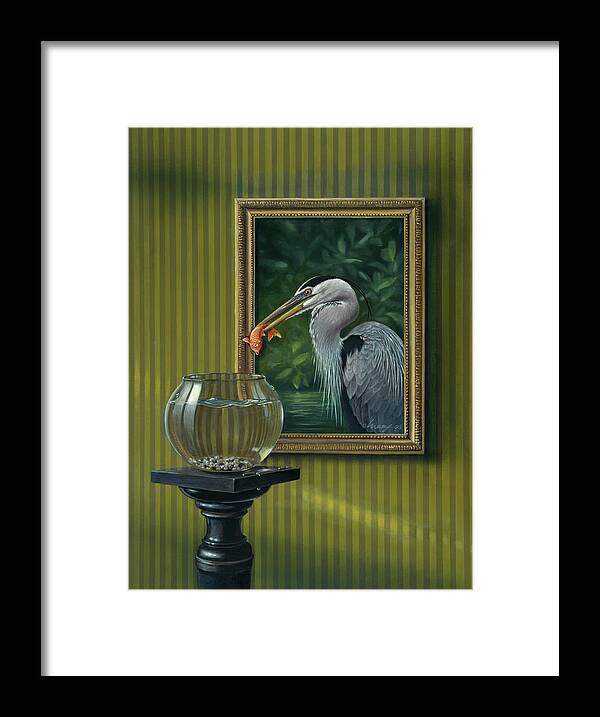 Goldfish Snapped Out Of Bowl By Painting Of Heron Framed Print featuring the painting Heron And Goldfish by Harro Maass