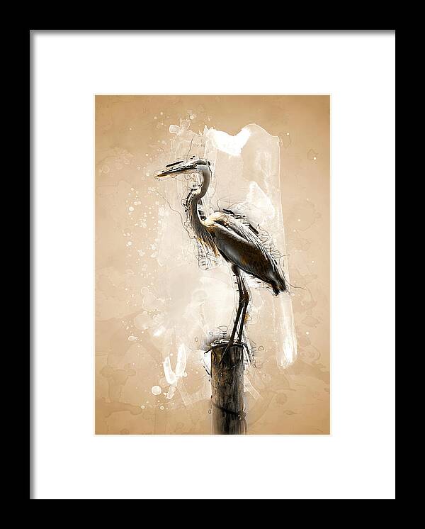 Heron Framed Print featuring the digital art Heron on Post by Pheasant Run Gallery
