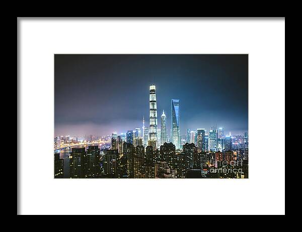 Corporate Business Framed Print featuring the photograph High Angle View Of Shanghai Skyline by Wenjie Dong