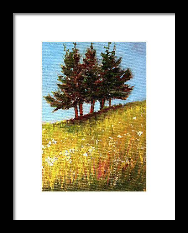 Evergreen Trees Framed Print featuring the painting Hillside Evergreens by Nancy Merkle