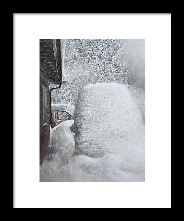 Hans Egil Saele Framed Print featuring the painting Hippie Van in Snow by Hans Egil Saele